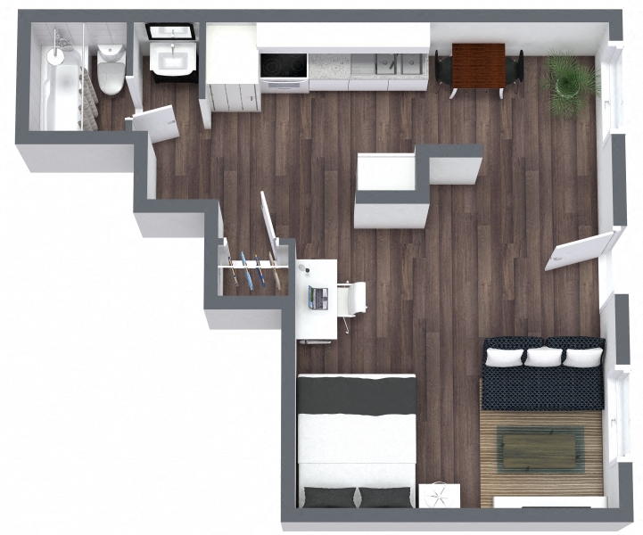 Floor plan for studio, 1 bath, 485 sqft